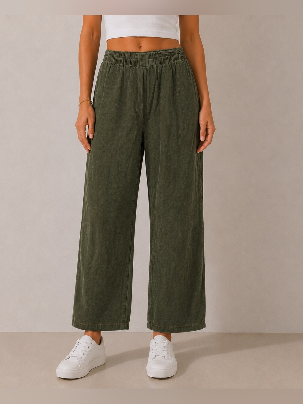 Basic Editions Women’s Olive Green Corduroy Relaxed Fit Pull On Pants Size S